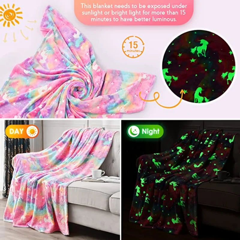 New spacecra Glow in The Dark Blanket Unicorn Gift for Kid Birthday Bedroom Decor Unicorns Toys Soft Cozy Luminous Throw Blanket